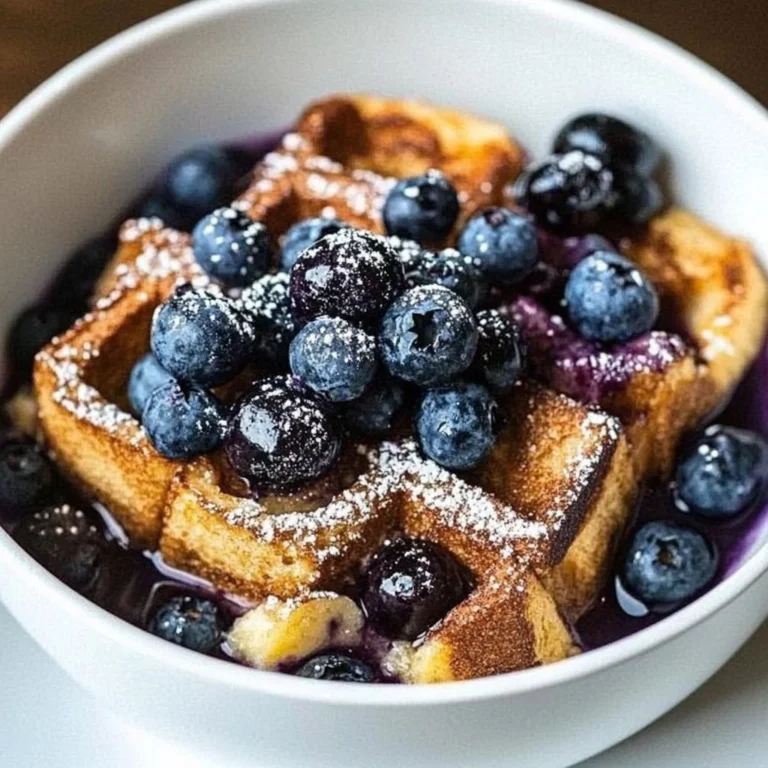 Delicious Blueberry French Toast Casserole topped with fresh blueberries