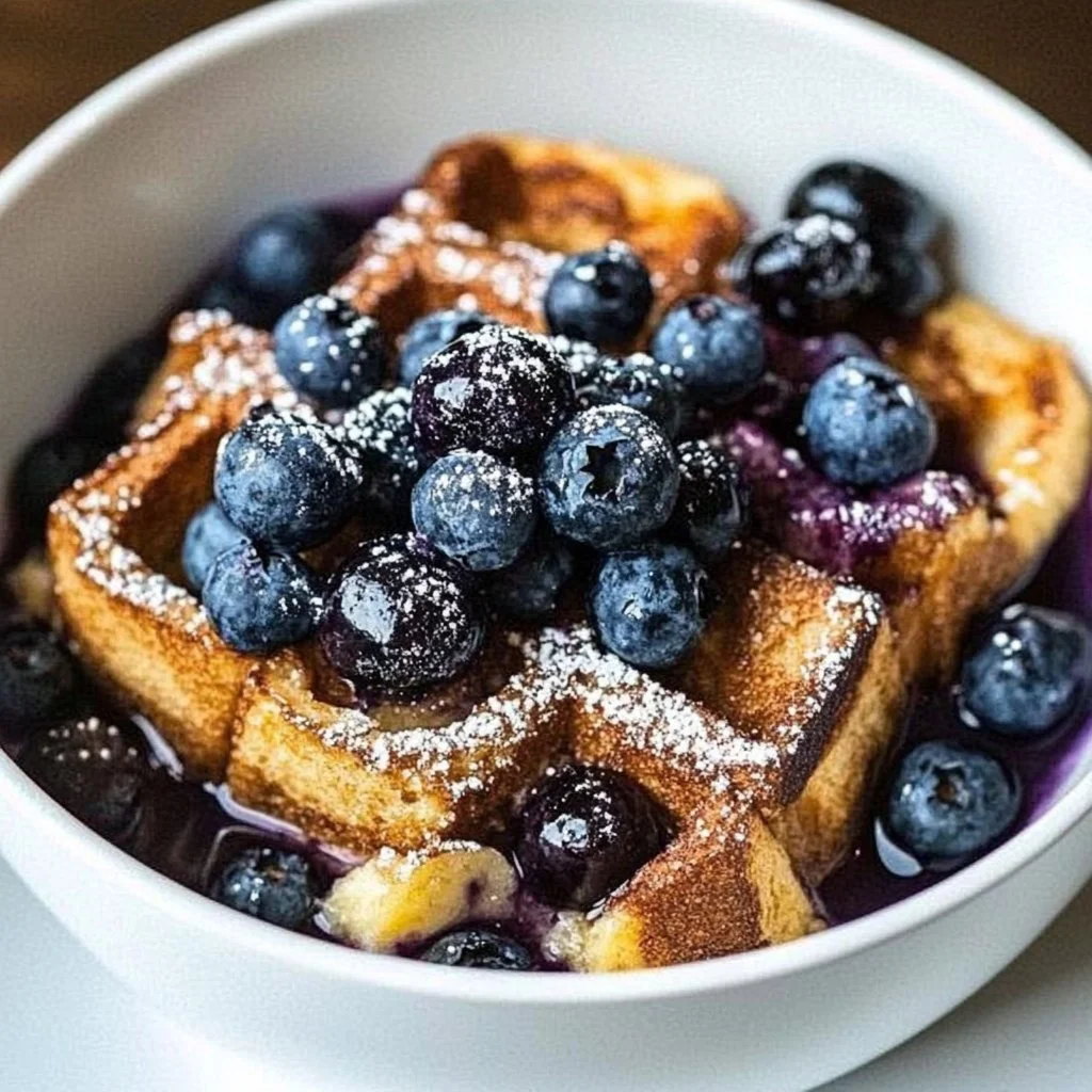 Delicious Blueberry French Toast Casserole topped with fresh blueberries