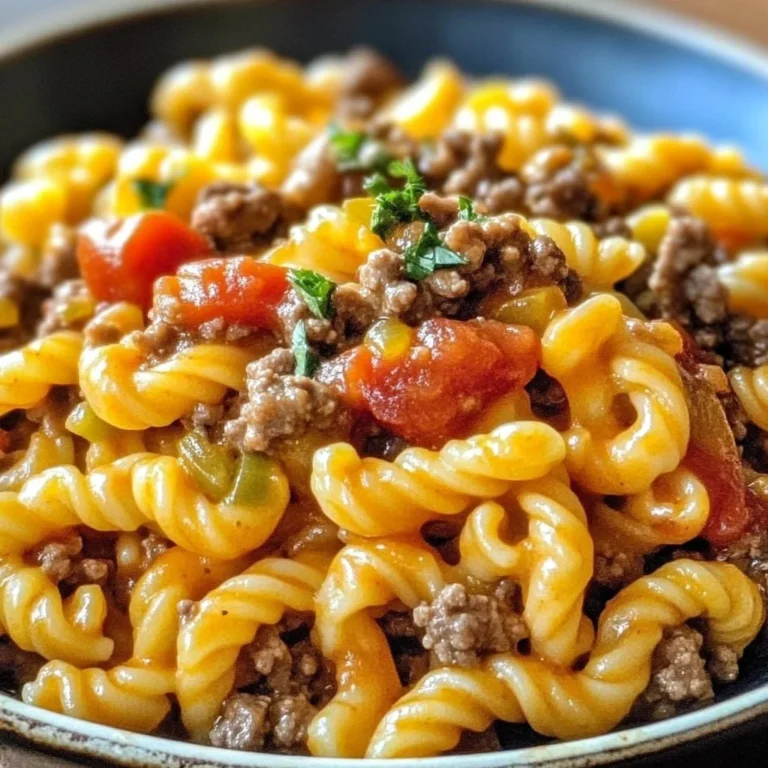 A delicious plate of cheeseburger pasta with ground beef, cheese, and pasta