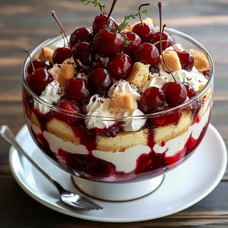 Delicious Cherry Cheesecake Trifle topped with fresh cherries and whipped cream.