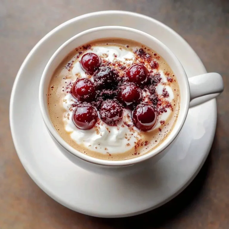 A steaming cup of Cherry Vanilla Tea Latte topped with whipped cream.