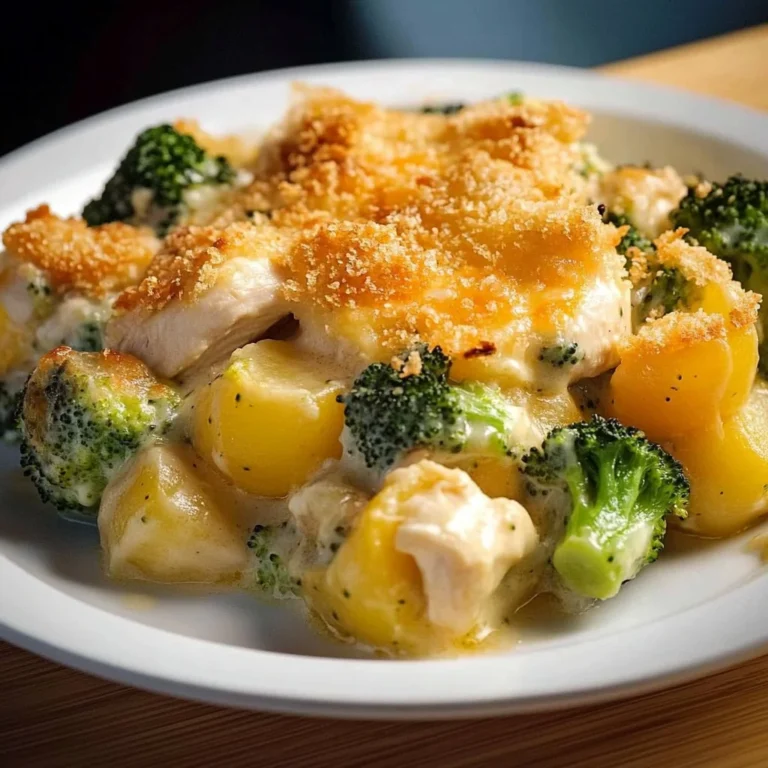 Delicious Chicken Potato Broccoli Casserole served in a baking dish