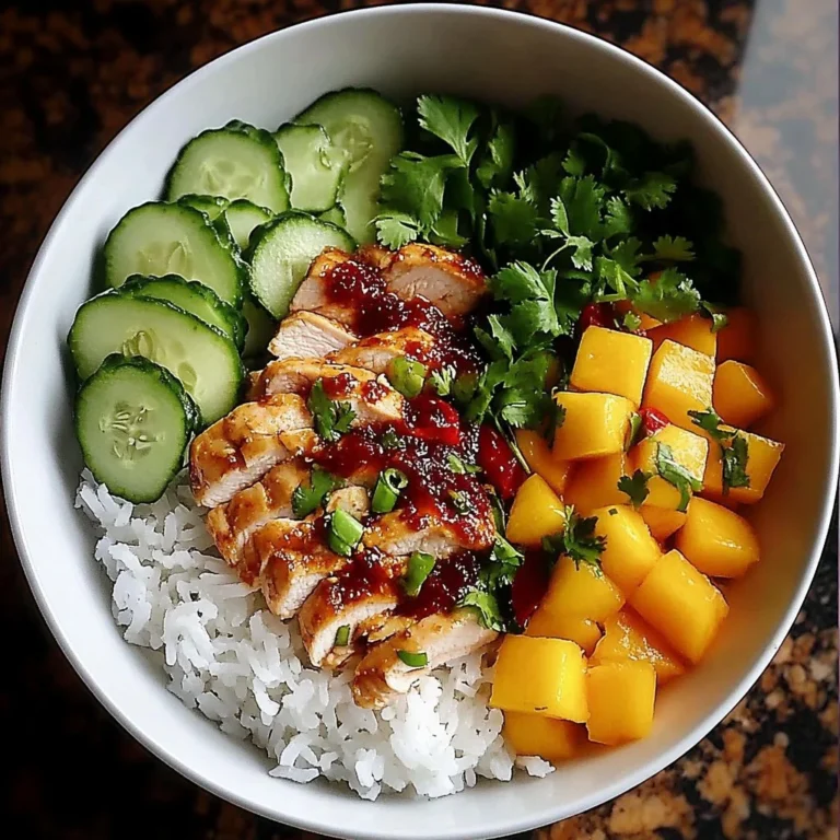 Chili Crisp Chicken Mango Cucumber Rice Bowl garnished with fresh vegetables