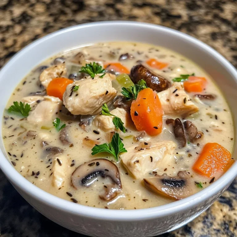 Creamy Chicken Mushroom Wild Rice Soup in a bowl, garnished with herbs.