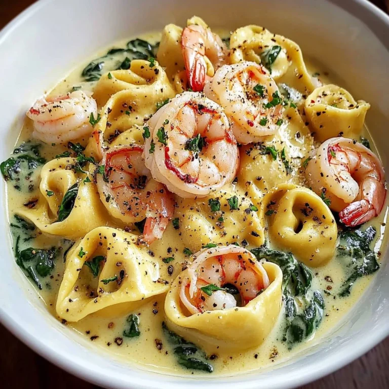 Creamy shrimp and spinach tortellini garnished with herbs