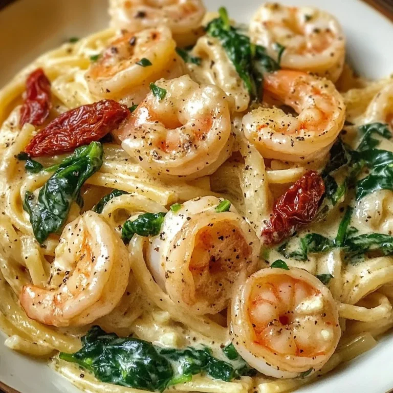 Creamy sun-dried tomato shrimp served with spinach pasta on a plate.