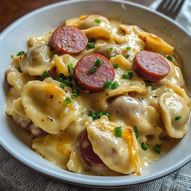 Crockpot Pierogi Casserole with Kielbasa served in a dish