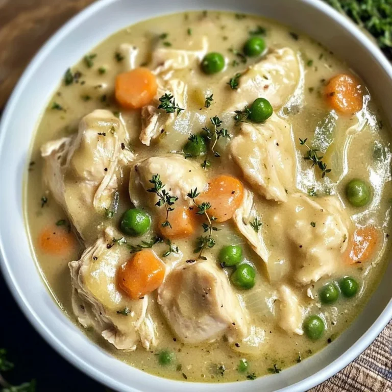 Bowl of easy chicken and dumplings topped with fresh parsley