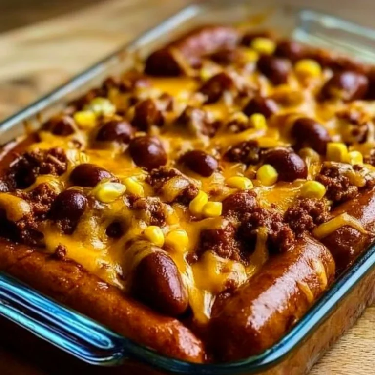 Fully Loaded Classic Chili Cheese Dog Casserole topped with cheese and chili