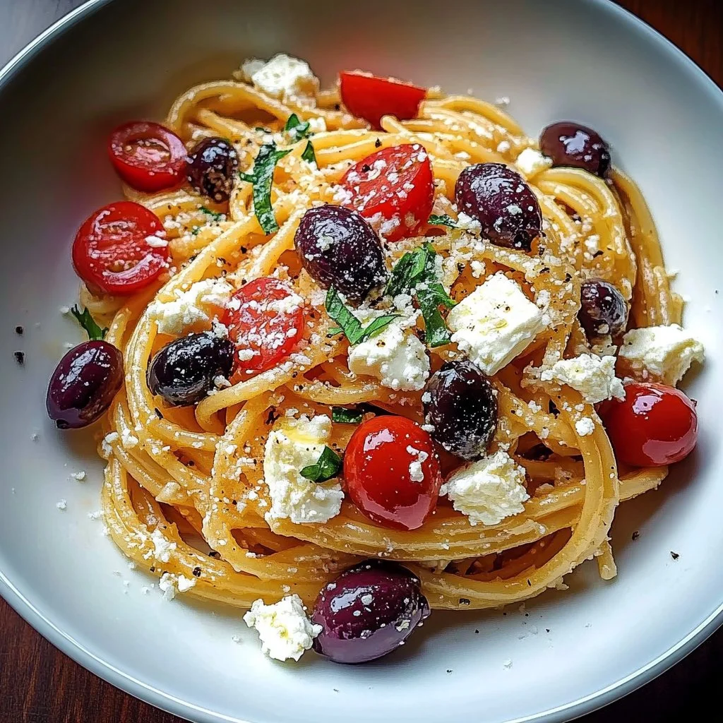 Greek pasta dish featuring feta cheese and olives, topped with herbs.