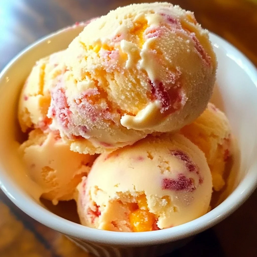 Creamy homemade peach ice cream in a bowl with fresh peaches
