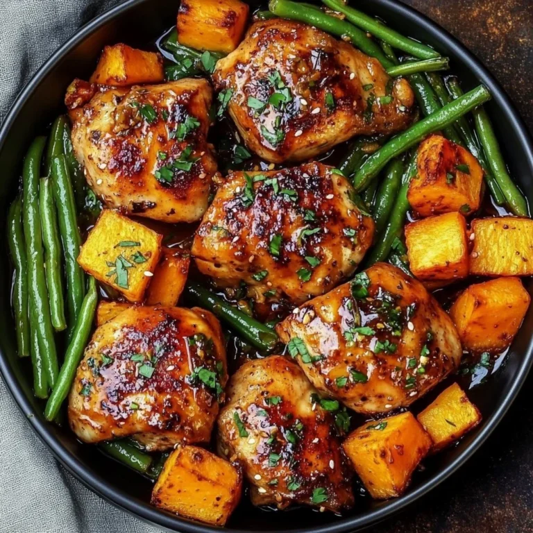 Honey Garlic Chicken served with sweet potatoes and green beans on a plate