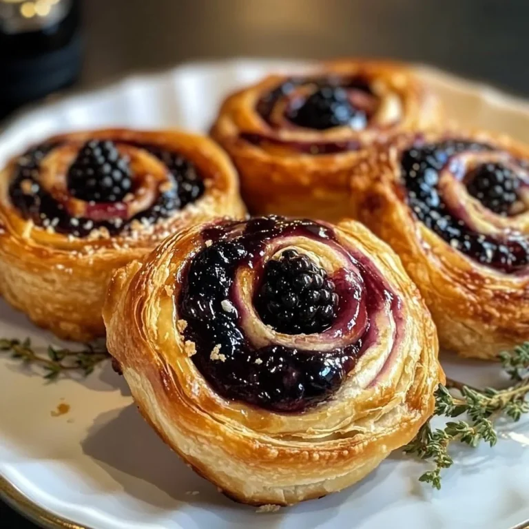 Honeyed Brie-Blackberry Puff Pastry Swirls on a rustic wooden table.