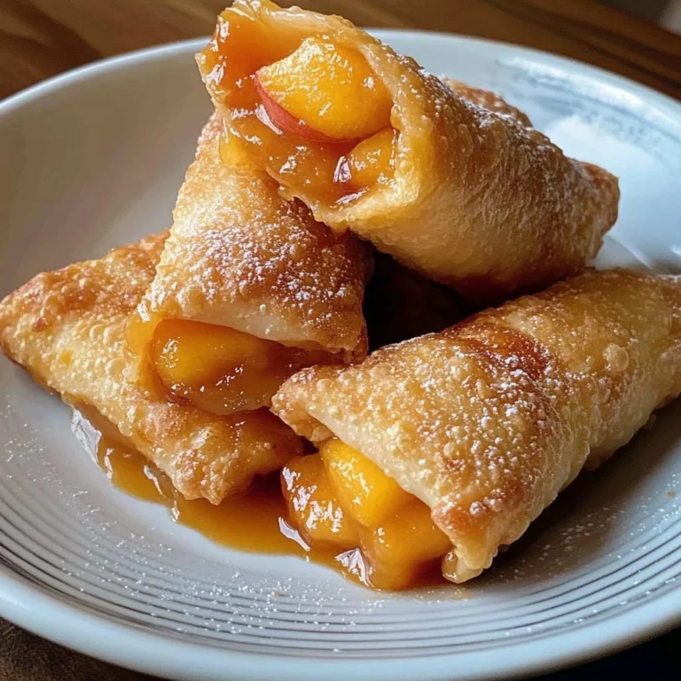 Crispy peach cobbler egg rolls filled with sweet peaches and cinnamon