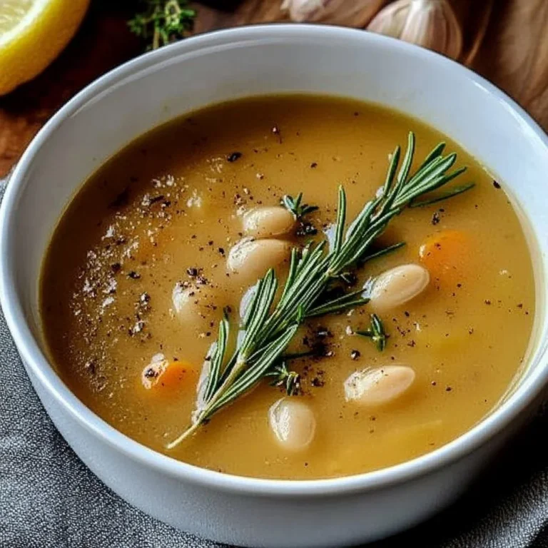 Bowl of Rosemary and Roasted Garlic White Bean Soup garnished with herbs