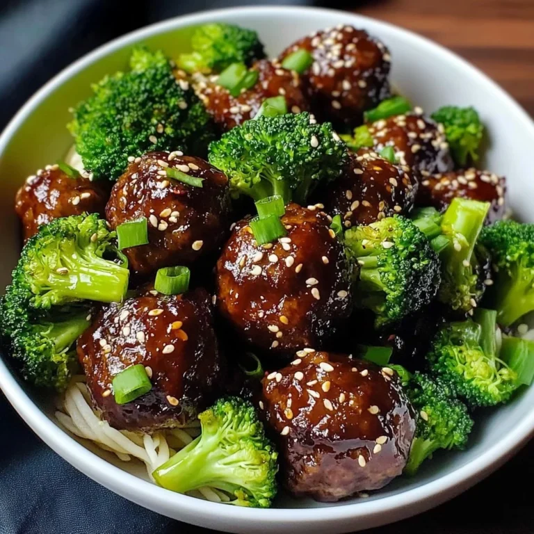 Sticky Mongolian meatballs served with broccoli on a plate