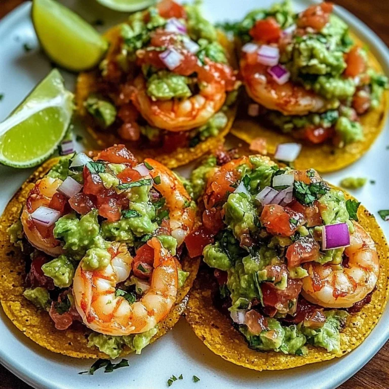 Summer shrimp tostadas with guacamole and fresh salsa on a plate