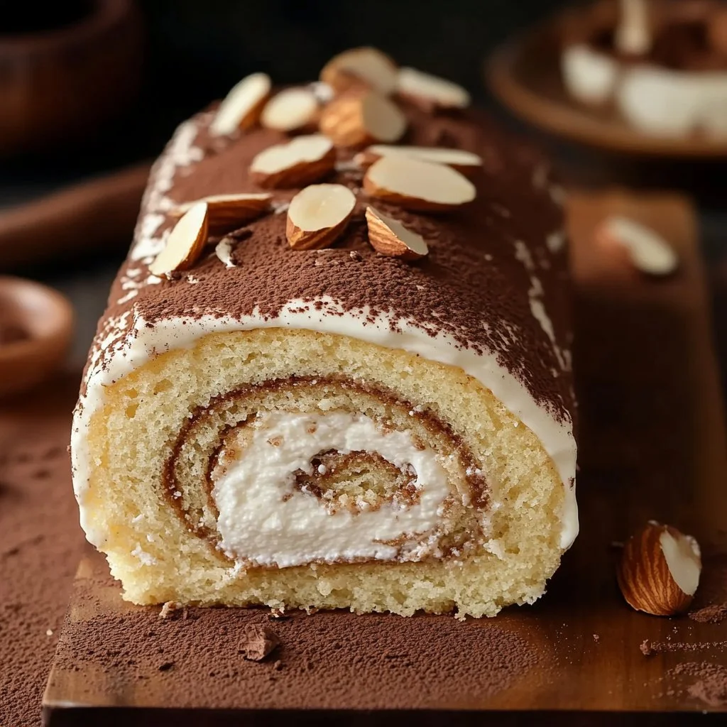 Almond Tiramisu Roll Cake with layers of creamy almond filling and coffee-soaked sponge.