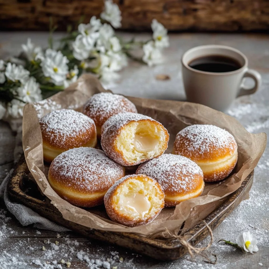 Authentic Italian cream-filled bomboloni pastries dusted with powdered sugar