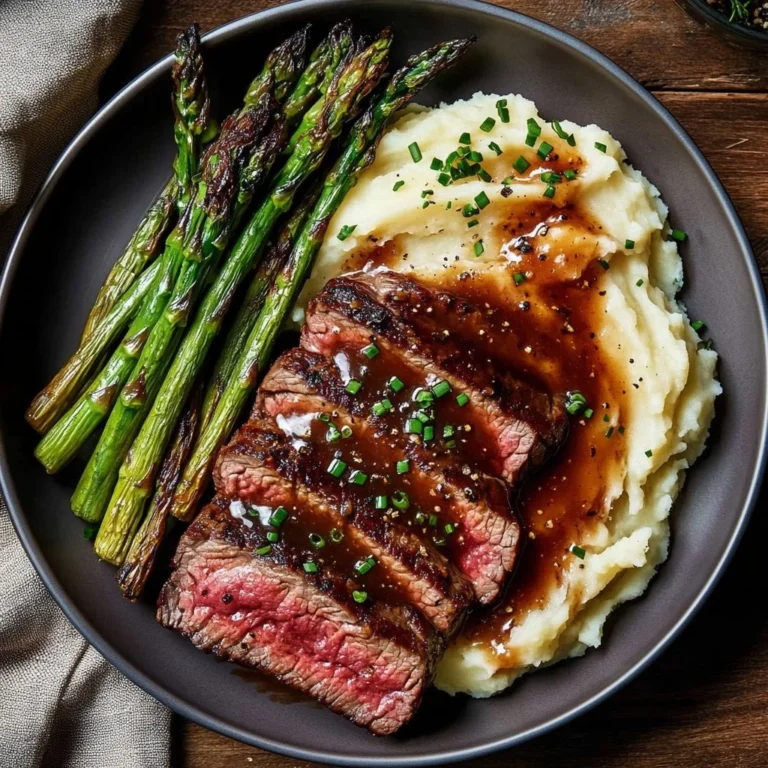 Cooked Bavette Steak with Roasted Garlic Pan Sauce on a serving plate