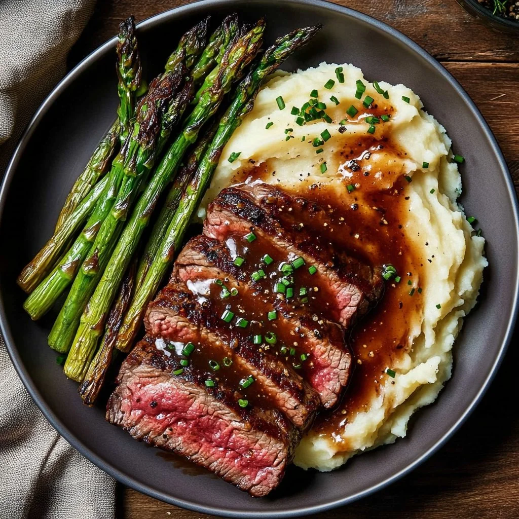 Cooked Bavette Steak with Roasted Garlic Pan Sauce on a serving plate