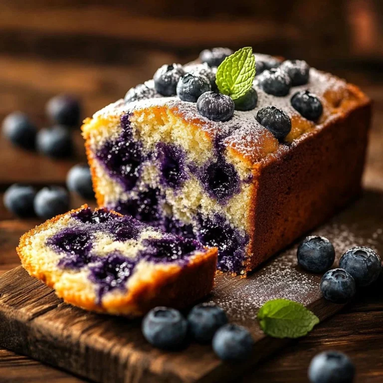 Loaf of blueberry cream cheese bread topped with fresh blueberries