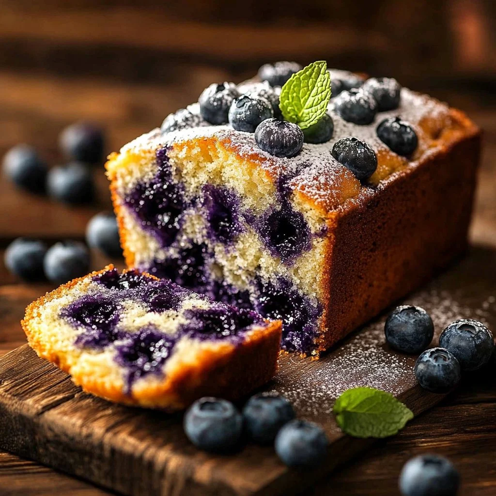 Loaf of blueberry cream cheese bread topped with fresh blueberries