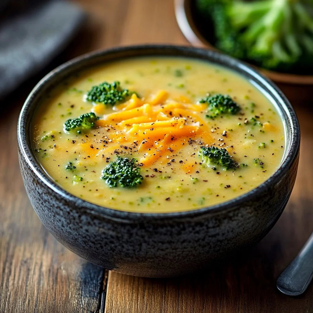 Bowl of creamy Broccoli Cheddar Soup garnished with fresh herbs