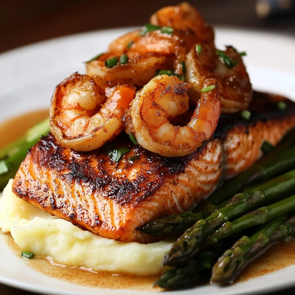 Cajun Salmon and Shrimp served with creamy mashed potatoes