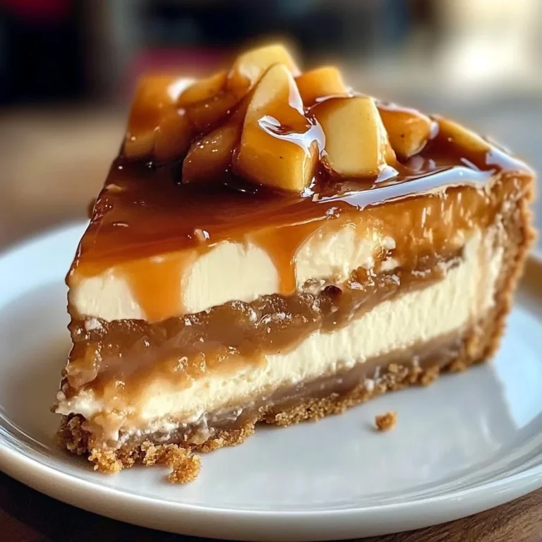 Slice of caramel apple cheesecake topped with caramel drizzle and apple slices