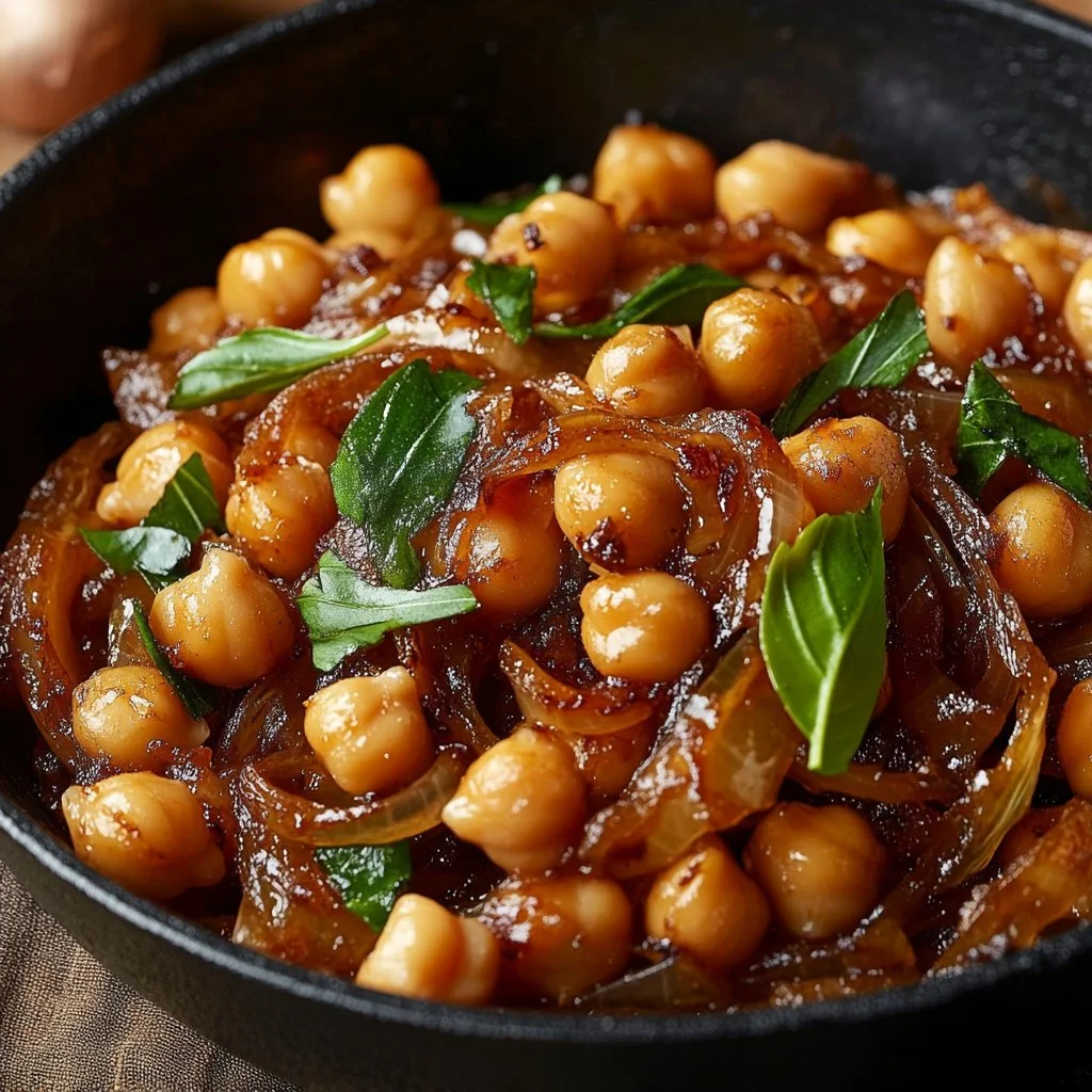 Delicious caramelized onion harissa chickpeas served in a bowl