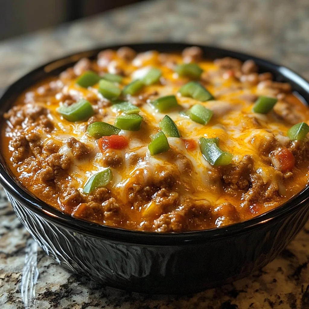 Cheesy Ground Beef Enchilada Chili in a bowl garnished with fresh herbs