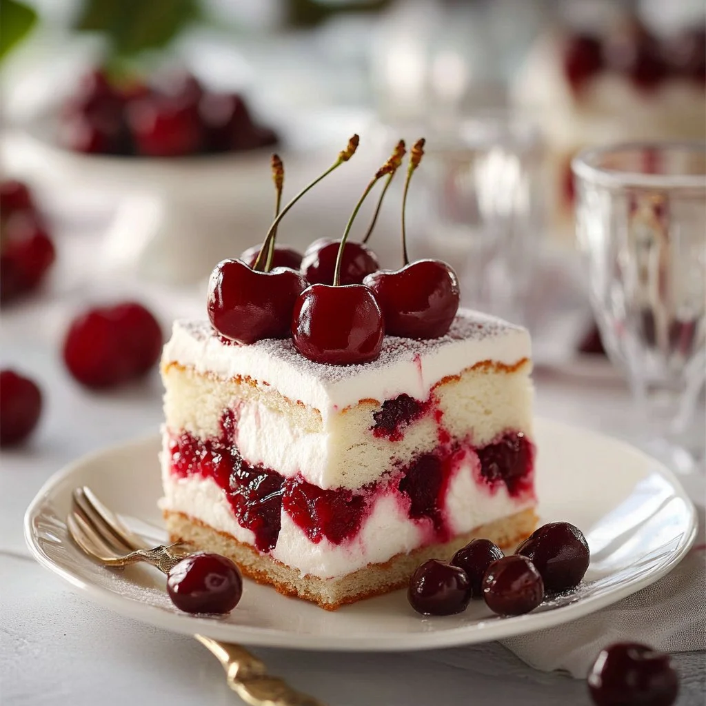 Delicious Cherry Amaretto Tiramisu dessert in a serving dish