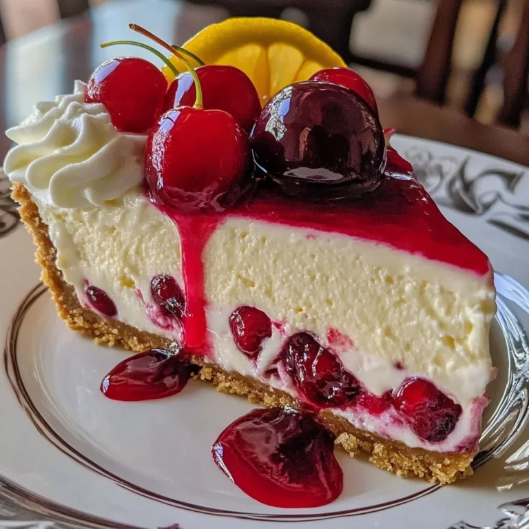 Delicious Cherry Lemon Cheesecake served on a plate with fresh cherries