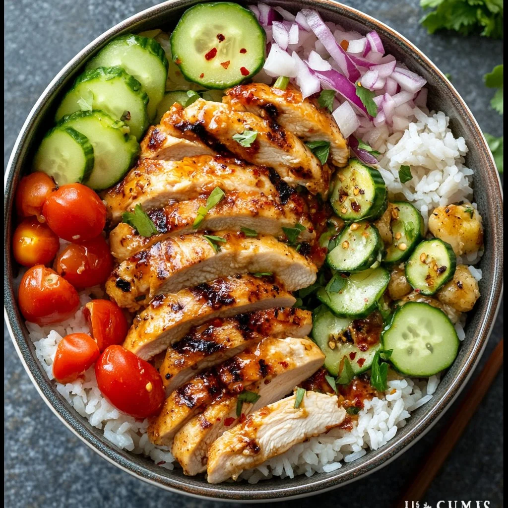 Delicious Chicken Rice Bowls topped with fresh vegetables and spices