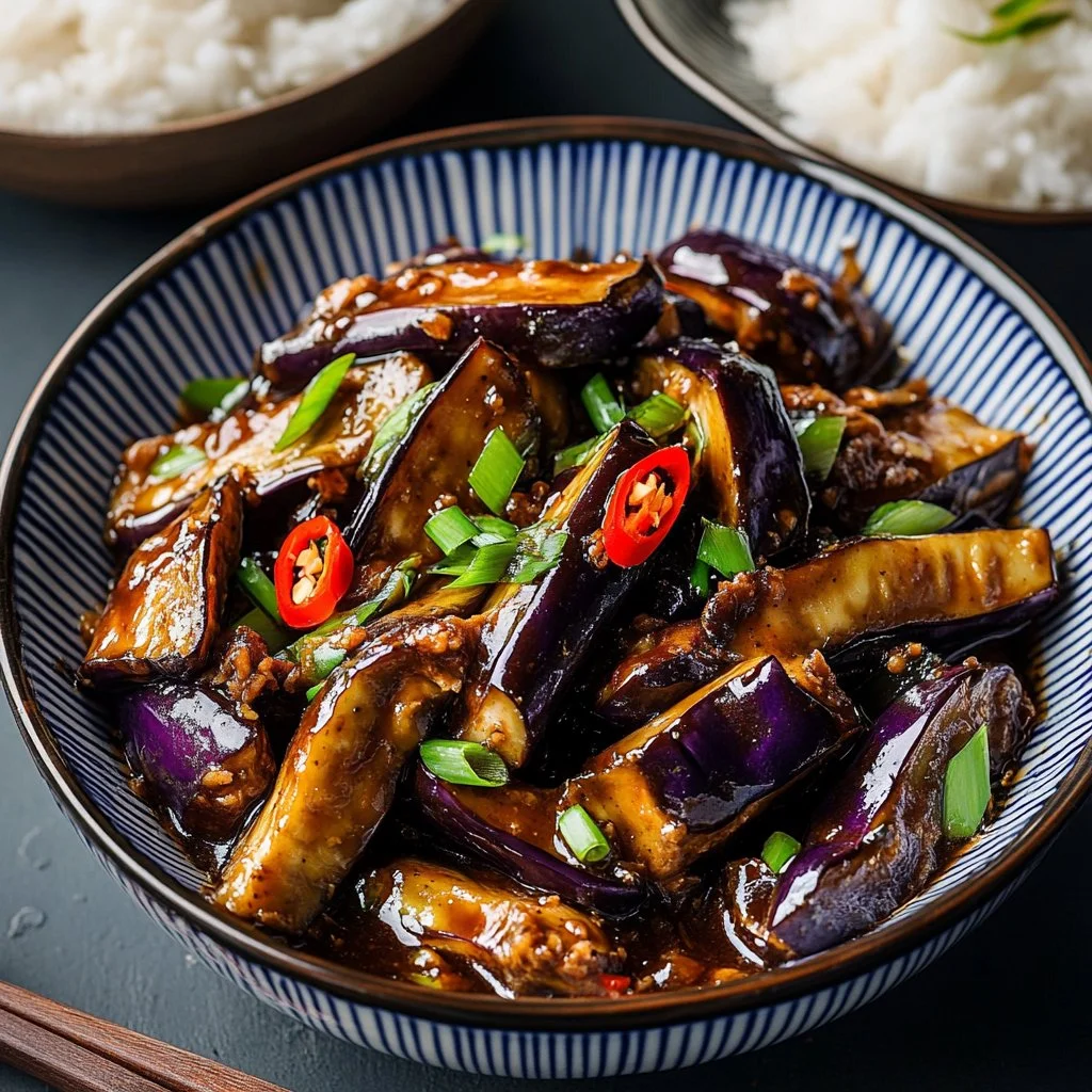 Stir-fried Chinese eggplant with garlic sauce in a serving dish.