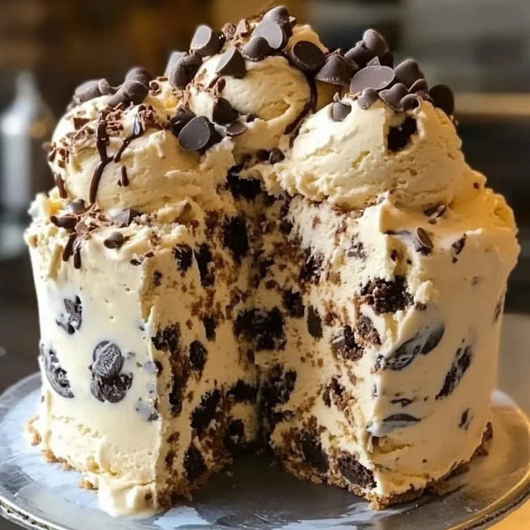 Chocolate Chip Cookie Dough Ice Cream Cake topped with cookie dough chunks and chocolate chips