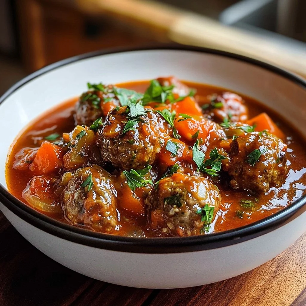 Delicious bowl of comforting meatball soup with fresh herbs and vegetables