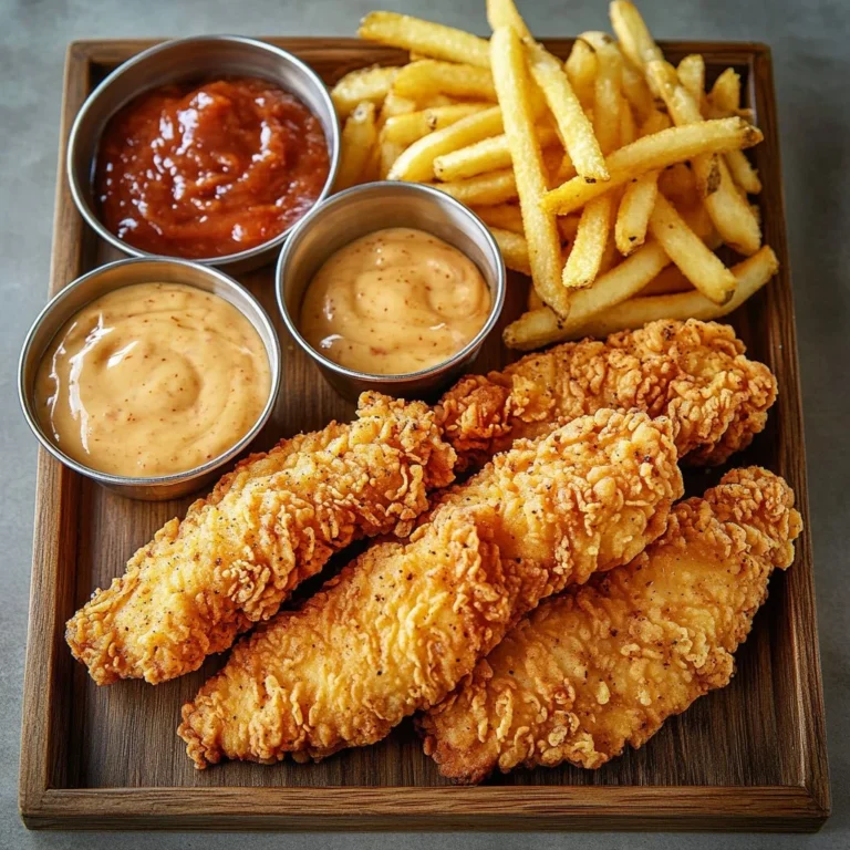 Plate of Copycat Raising Cane's Chicken and Sauce with fries