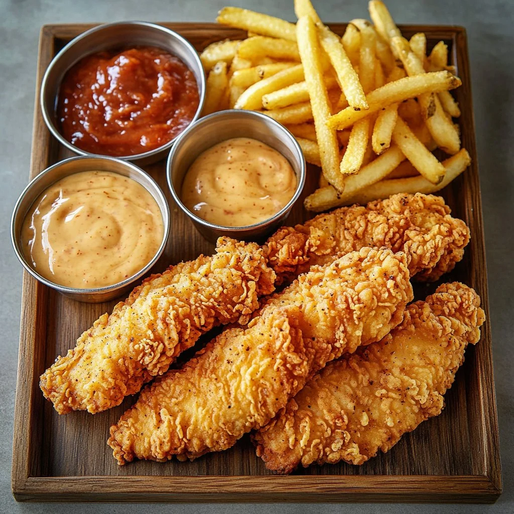 Plate of Copycat Raising Cane's Chicken and Sauce with fries