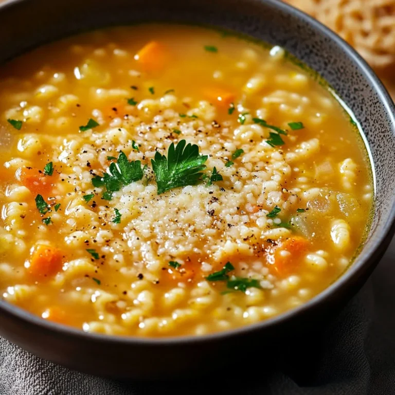 Bowl of coziest pastina soup with herbs and vegetables.