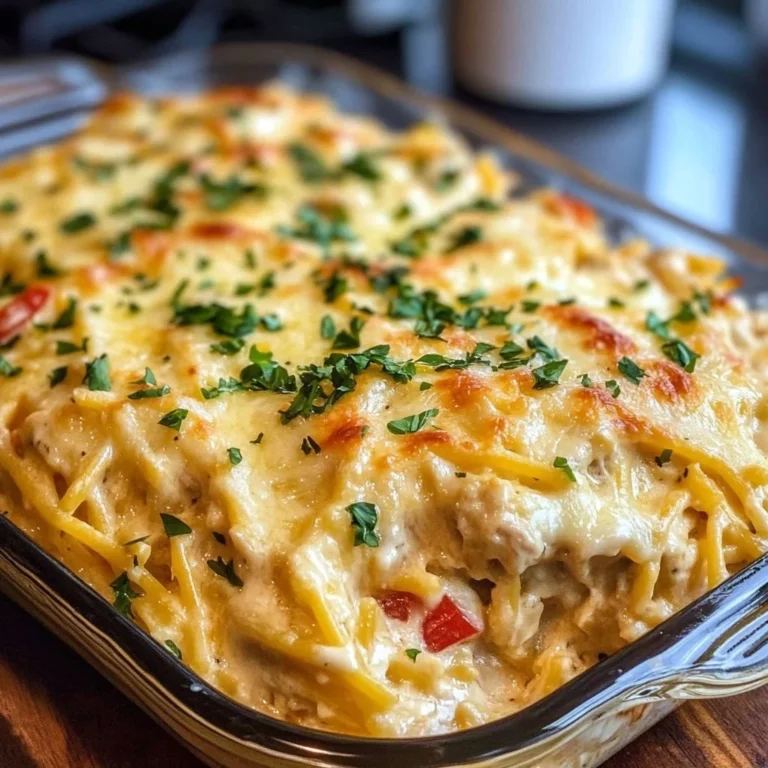 Creamy, cheesy spaghetti chicken casserole dish garnished with herbs