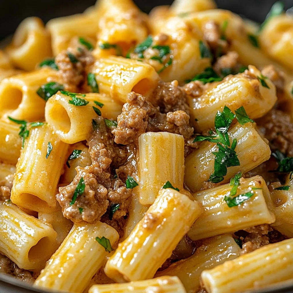 Creamy Italian sausage rigatoni dish served in a bowl with herbs and cheese