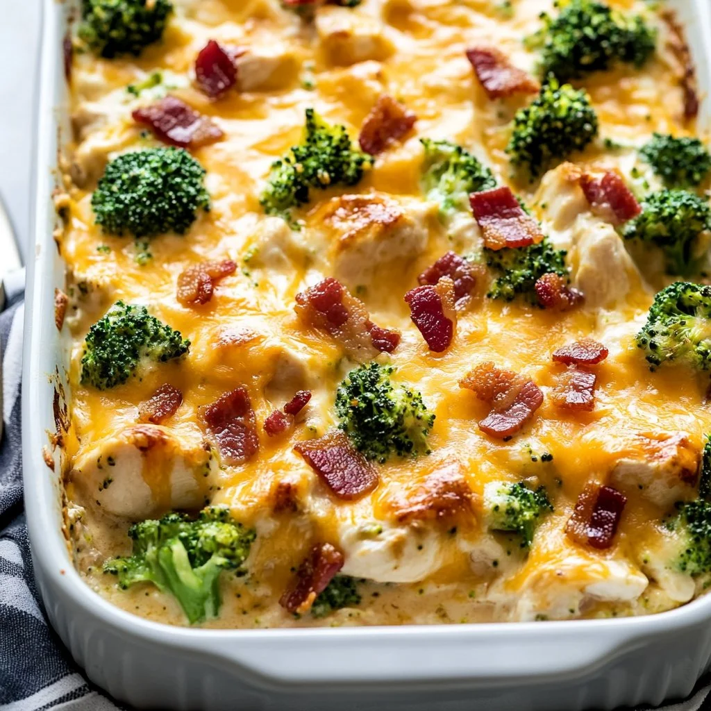 Creamy low carb chicken casserole topped with cheese and herbs