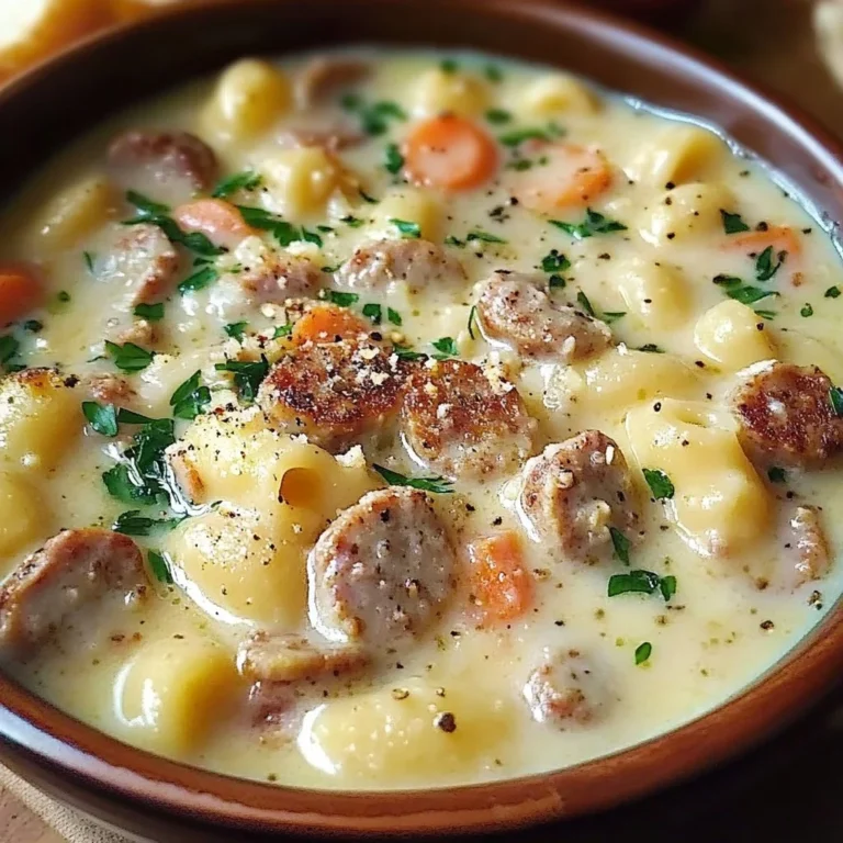 Bowl of creamy Parmesan Italian Sausage Soup garnished with fresh herbs