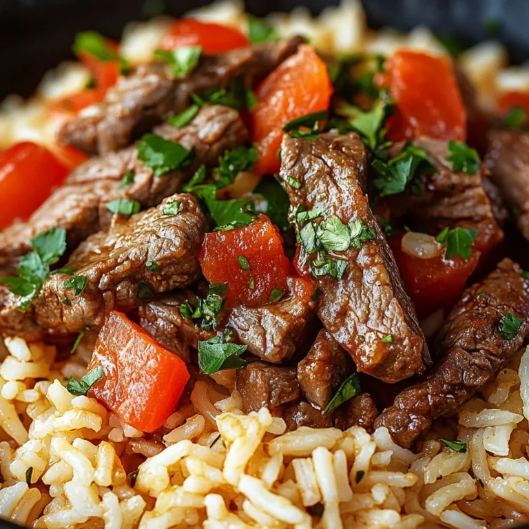 Creamy queso rice with juicy steak strips on a plate