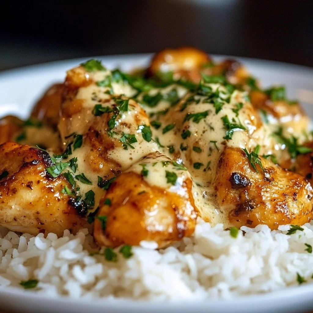 Delicious creamy smothered chicken served over a bed of fluffy rice
