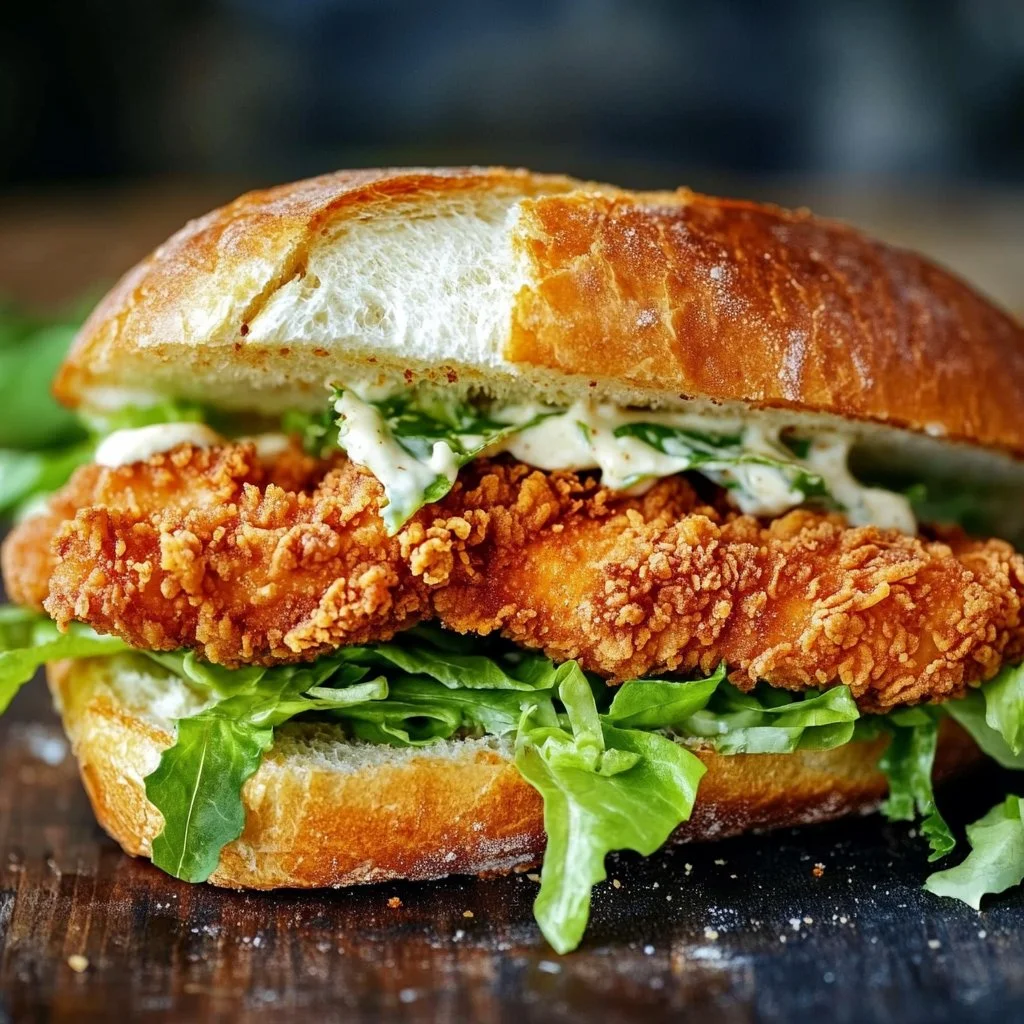 Crispy Chicken Caesar Sandwich with lettuce and dressing on a rustic table