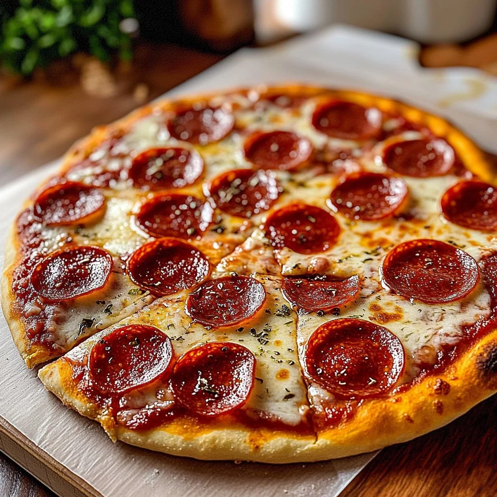 Homemade pepperoni pizza fresh out of the oven with melted cheese and toppings