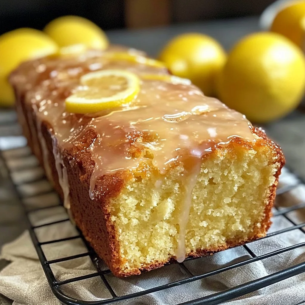 Moist and tangy lemon glazed loaf on a rustic wooden table